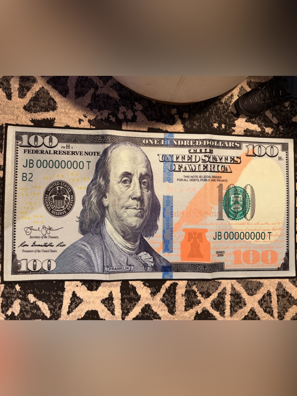 Oversized blue face $100 Bill Print exotic rug - Blue, Orange, Green, black